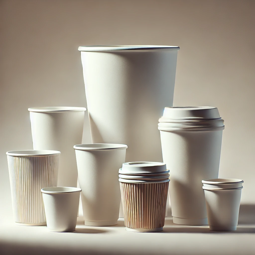 DALL·E 2025 11 27 18.10.00 A clean modern hero image showing several paper cups of different sizes arranged on a plain neutral background. Focus on showcasing volume difference
