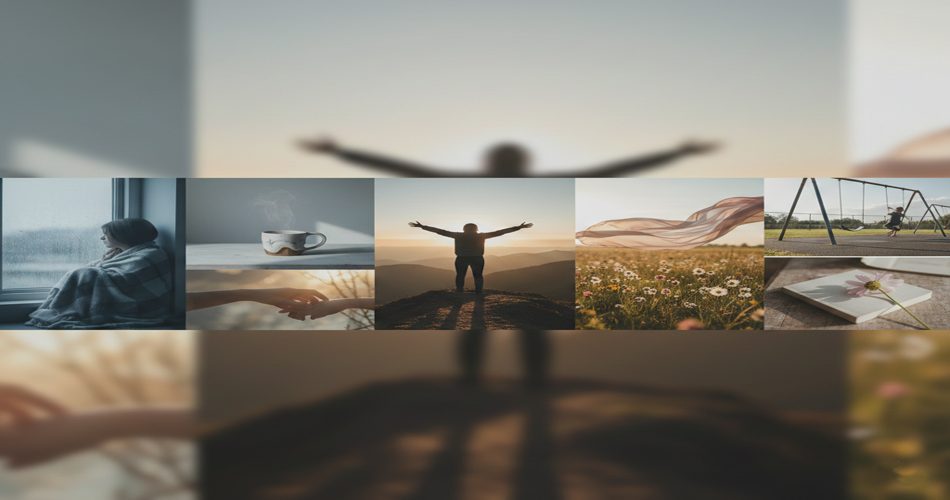 بهترین متن ترکیه ای اینستاگرام | {متن های متنوع + آپدیت 1404} 1 کلاژی افقی از تصاویر الهامبخش شامل فردی کنار پنجره، فنجان قهوه، انسانی با دستان باز رو به طلوع آفتاب در طبیعت، پارچهای در باد، گلهای وحشی و صحنهای آرام از فضای باز.