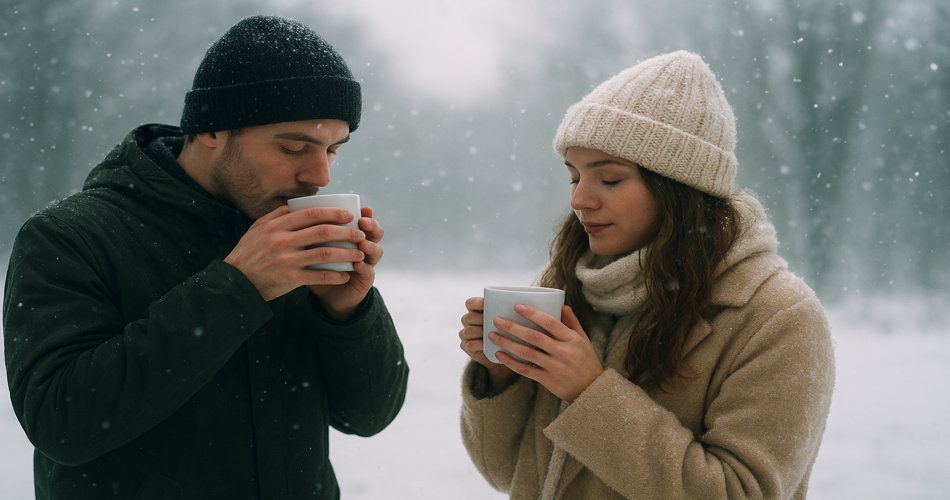 بهترین متن های برفی برای کپشن شما ! {جدیدترین-متنوع ترین} 1 «زن و مردی با لباسهای زمستانی و کلاه بافتنی، در حال نوشیدن نوشیدنی گرم از لیوانهای سفید در فضای برفی و آرام.»