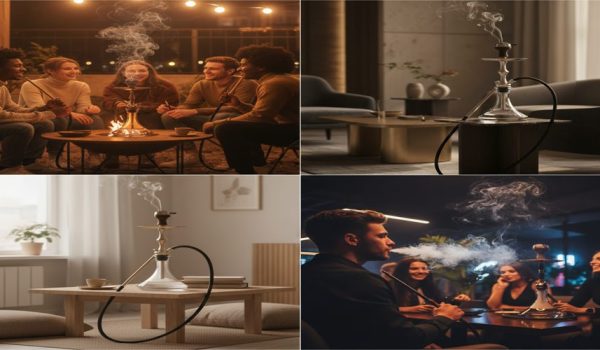 چند صحنه از دورهمی دوستانه با قلیان در فضاهای مختلف؛ جمع صمیمی شبانه، قلیان روی میز در محیطی آرام و مدرن، و لحظات گفتگو و استراحت در فضایی گرم و دوستانه.