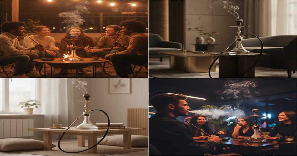 چند صحنه از دورهمی دوستانه با قلیان در فضاهای مختلف؛ جمع صمیمی شبانه، قلیان روی میز در محیطی آرام و مدرن، و لحظات گفتگو و استراحت در فضایی گرم و دوستانه.
