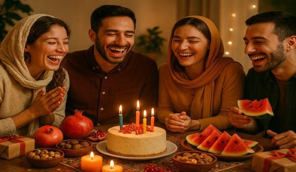چهار نفر دور یک میز در حال خندیدن و جشن گرفتن، روبه‌روی کیکی با شمع‌های روشن؛ روی میز انار، هندوانه، آجیل و هدایای کوچک، در فضایی گرم و صمیمی با نور شمع‌ها.