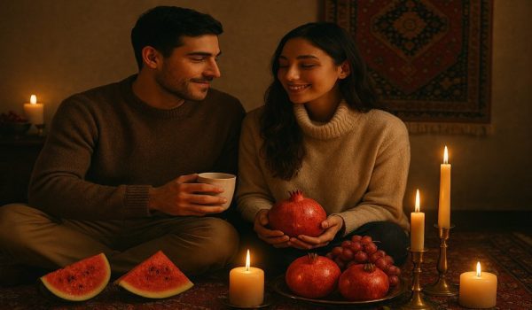 «زن و مردی در فضایی گرم و صمیمی کنار شمع‌های روشن نشسته‌اند؛ مرد فنجان نوشیدنی در دست دارد و زن انار گرفته است، با میوه‌هایی مانند هندوانه، انار و انگور روی سفره.»