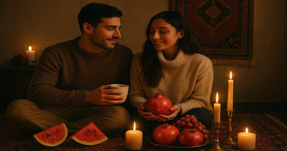 جذابترین و بهترین متن برای شب یلدا برای {استوری-کپشن} آپدیت 1404 1 «زن و مردی در فضایی گرم و صمیمی کنار شمعهای روشن نشستهاند؛ مرد فنجان نوشیدنی در دست دارد و زن انار گرفته است، با میوههایی مانند هندوانه، انار و انگور روی سفره.»